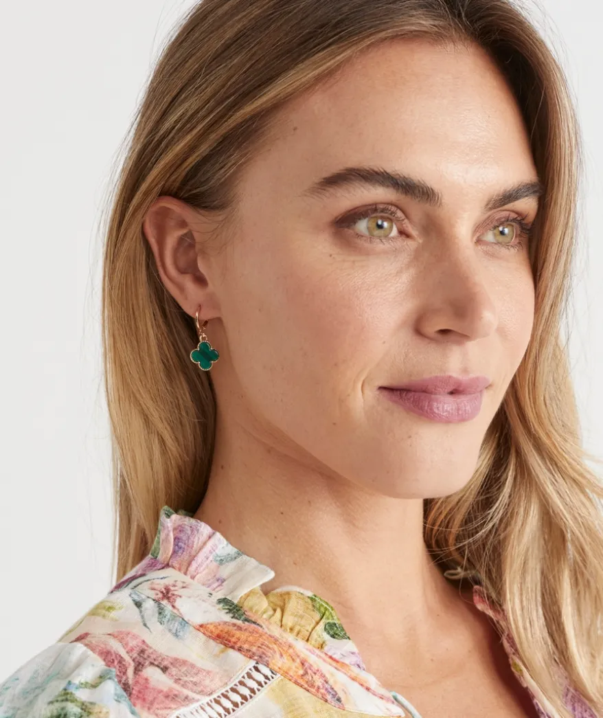 Clover Drop Huggie Earring - Green/Gold