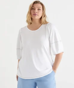 Contrast Stitch Puff Sleeve Top