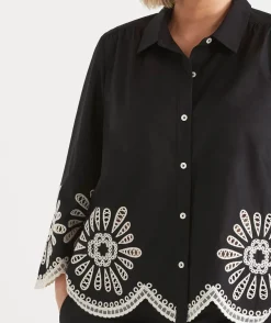 Embroidered Scallop Hem Shirt - Black