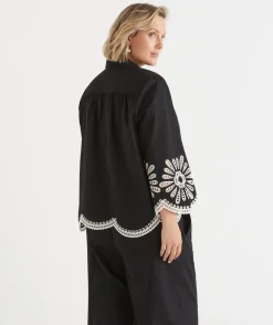 Embroidered Scallop Hem Shirt - Black