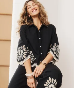 Embroidered Scallop Hem Shirt - Black