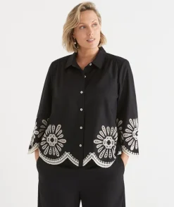 Embroidered Scallop Hem Shirt - Black