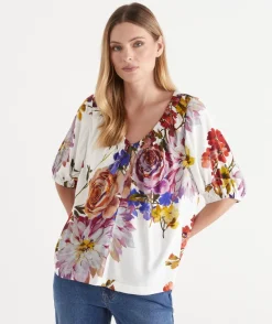 Floral Bloom V Neck Ruched Top