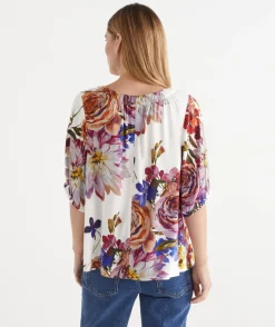 Floral Bloom V Neck Ruched Top