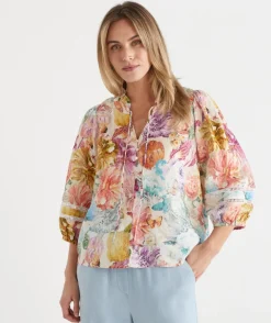 Floral Brights Trim Neck 3/4 Sleeve Linen Top
