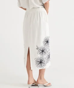 Floral Embroidered Column Skirt - White