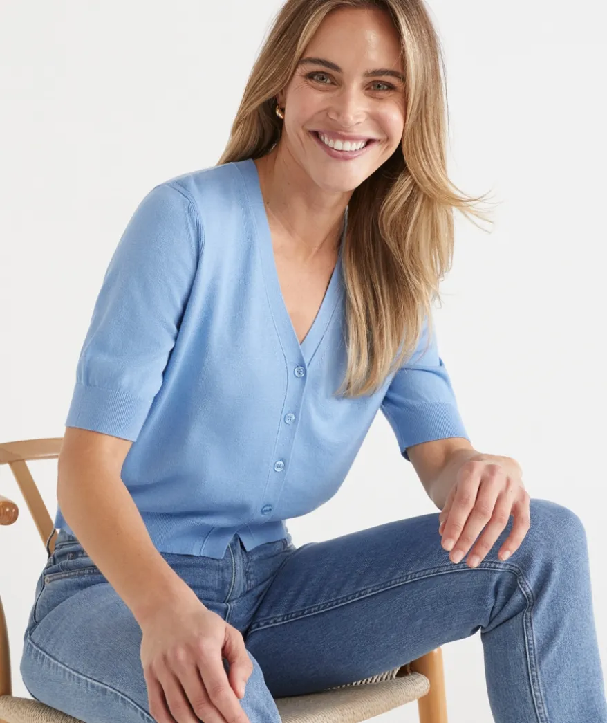 Knit Short Sleeve V Neck Cardigan