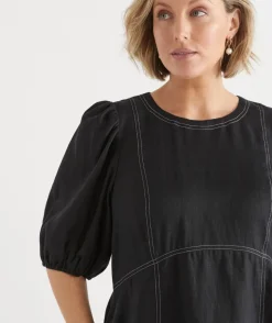 Linen Stitch Detail Short Sleeve Midi Dress