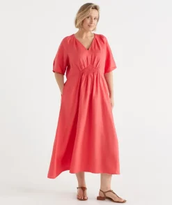 Linen V Neck Shirred Short Sleeve Midi Dress
