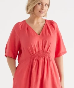 Linen V Neck Shirred Short Sleeve Midi Dress