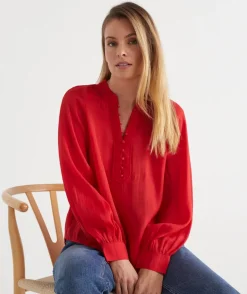 Long Sleeve Button Detail Blouse - Red