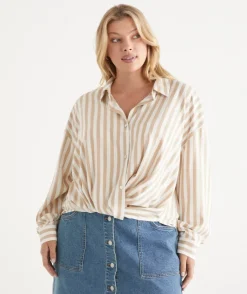 Long Sleeve Front Knot Stripe Shirt