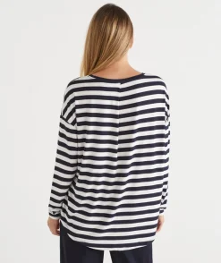 Long Sleeve Stripe Pleat Back Top - Ink
