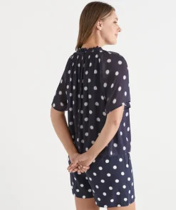 Polka Dot Gathered Neck Blouse
