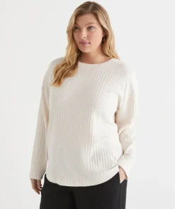 Self-Stripe Curve Hem Long Sleeve Top