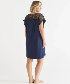 Short Sleeve Navy Lace Nightie