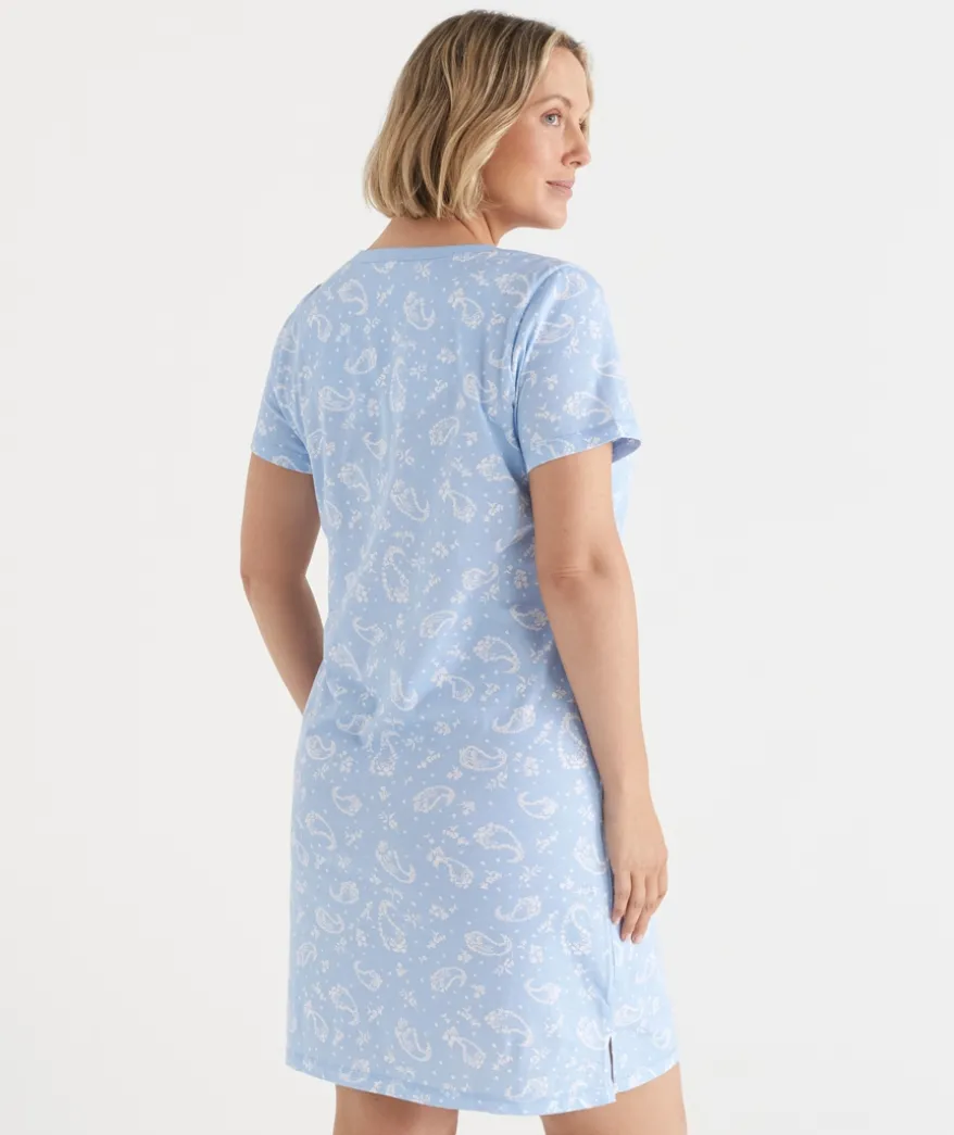 Short Sleeve Paisley Placket Nightie