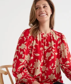Silhouette Floral Print Long Sleeve Top - Red
