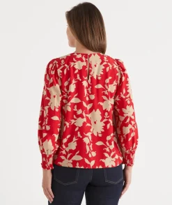 Silhouette Floral Print Long Sleeve Top - Red