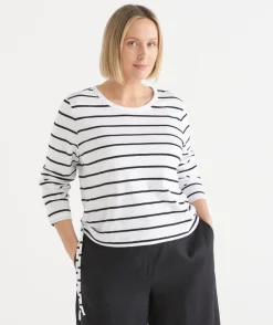 Slub Stripe Long Sleeve Ruched Top