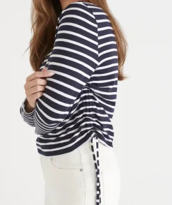 Slub Stripe Ruched Long Sleeve Top - Ink
