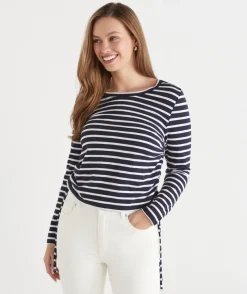 Slub Stripe Ruched Long Sleeve Top - Ink
