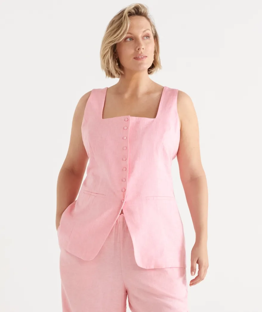 Square Neck Button Up Vest - Pink