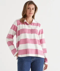 Stripe Long Sleeve Polo Rugby Top - Pink