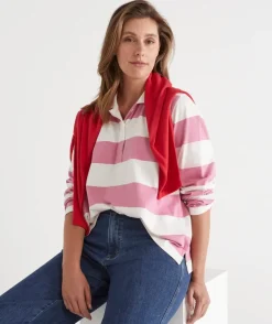 Stripe Long Sleeve Polo Rugby Top - Pink