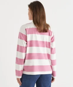 Stripe Long Sleeve Polo Rugby Top - Pink