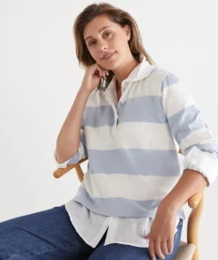 Stripe Long Sleeve Polo Rugby Top - Blue