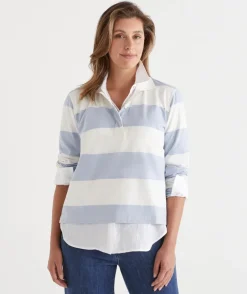 Stripe Long Sleeve Polo Rugby Top - Blue