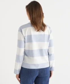 Stripe Long Sleeve Polo Rugby Top - Blue