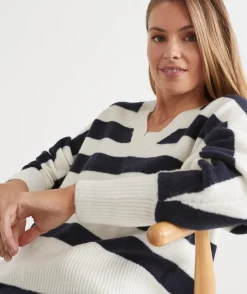 Stripe V Neck Jumper - Ink/White