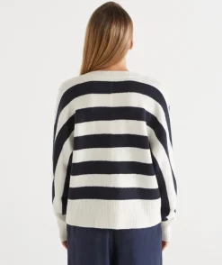 Stripe V Neck Jumper - Ink/White