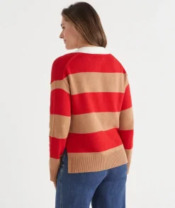 Striped Knit Rugby Polo Jumper - Red