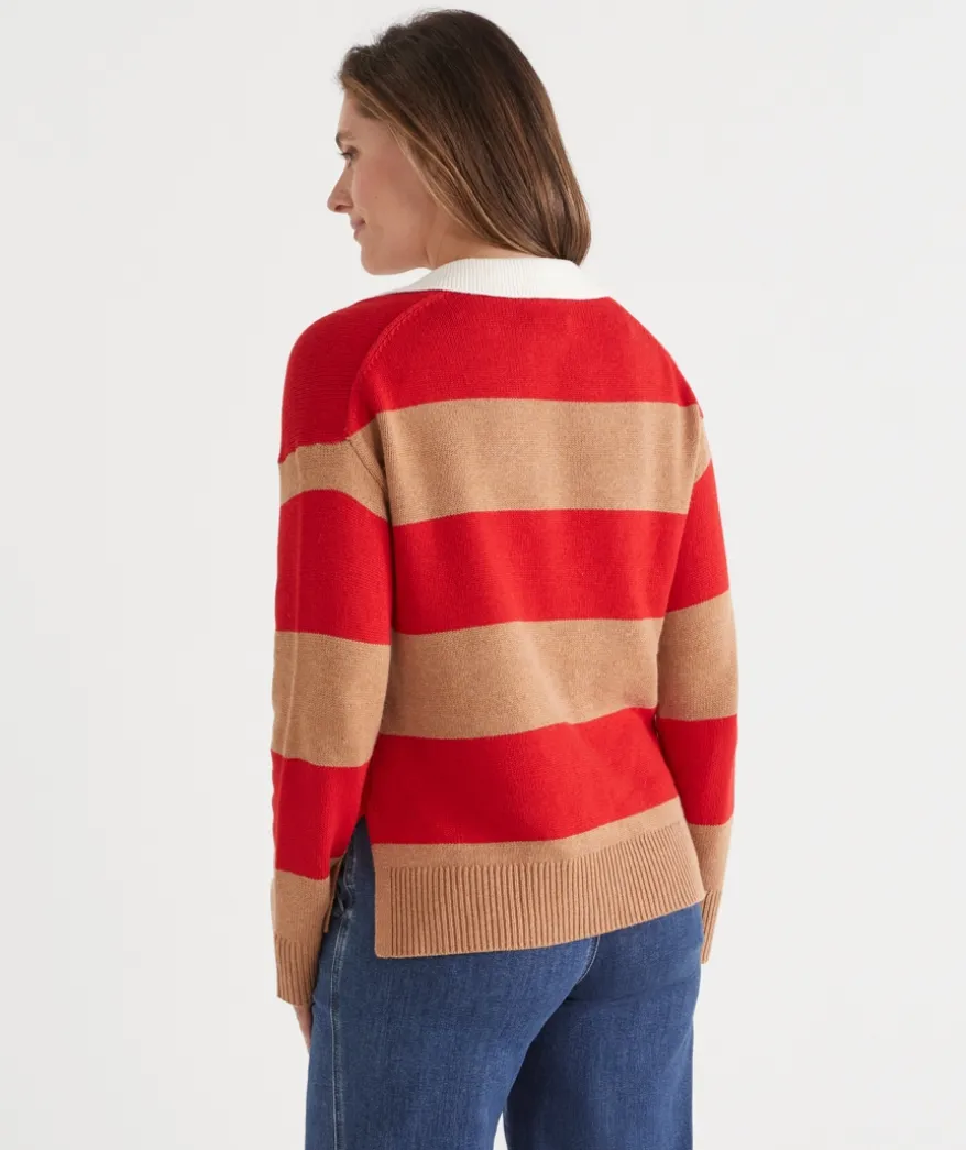 Striped Knit Rugby Polo Jumper - Red