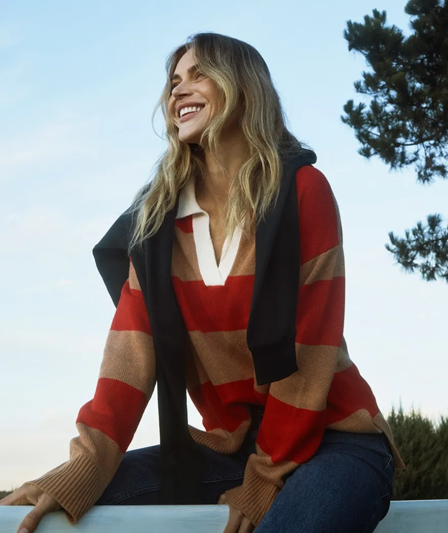 Striped Knit Rugby Polo Jumper - Red