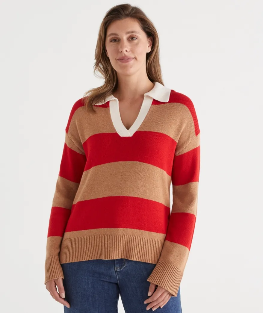 Striped Knit Rugby Polo Jumper - Red