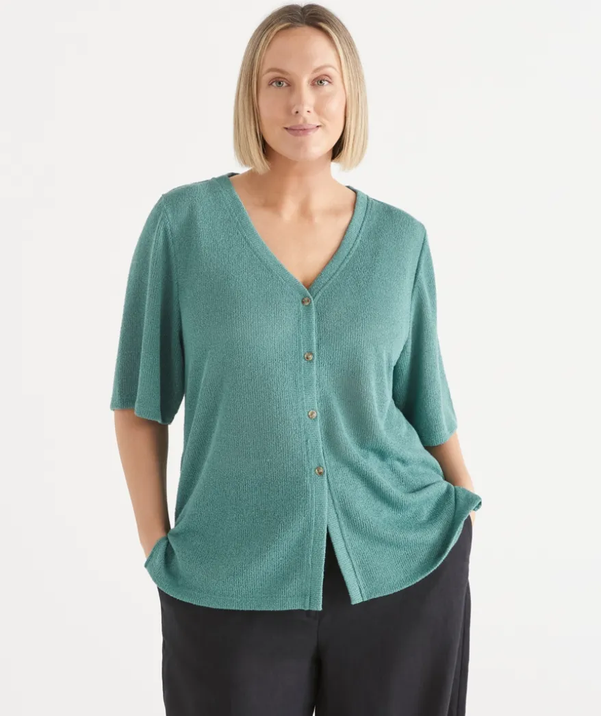 Textured Button Up Short Sleeve Top