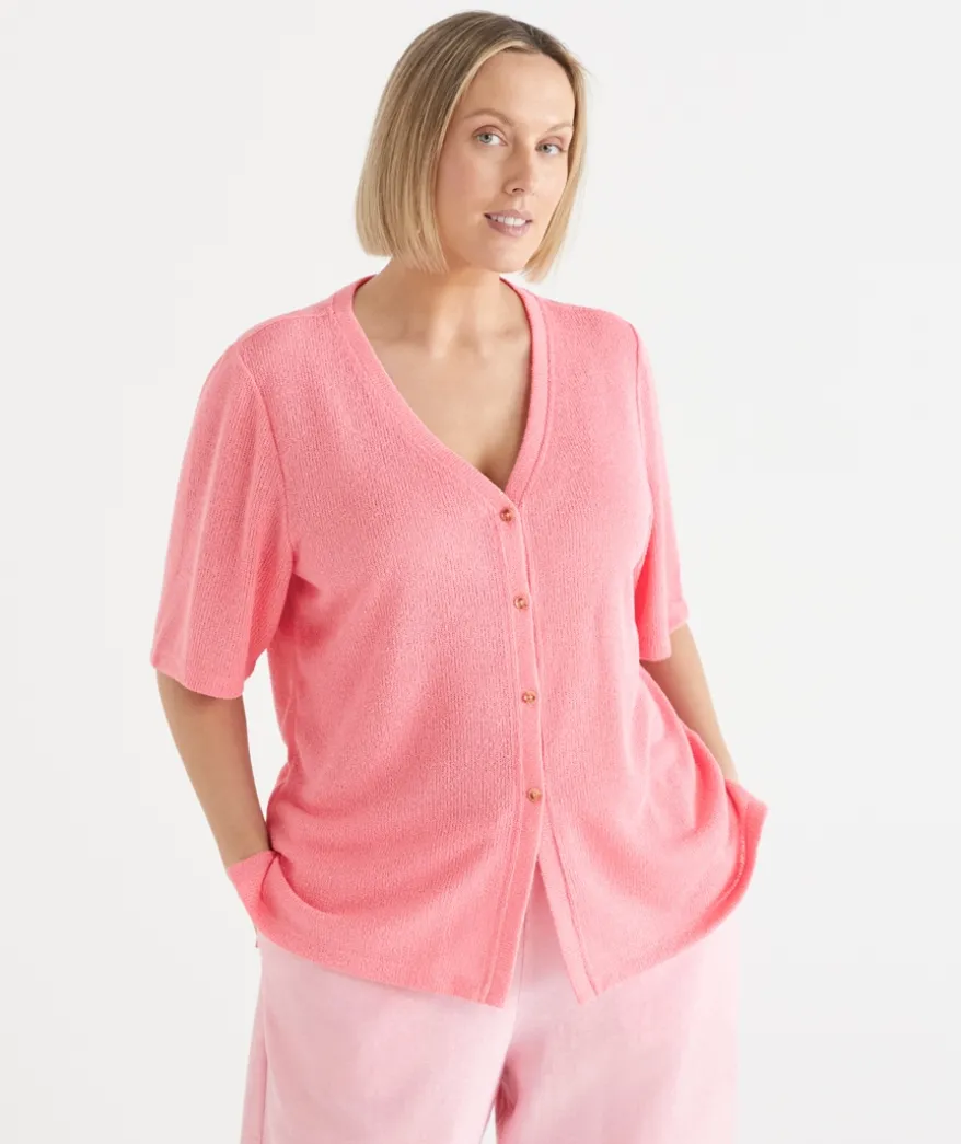 Textured Button Up Short Sleeve Top