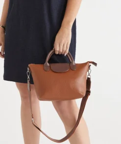 Two-Tone Faux Leather Tote Bag - Brown