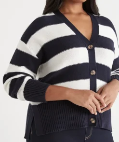 V Neck Stripe Cardigan - Ink
